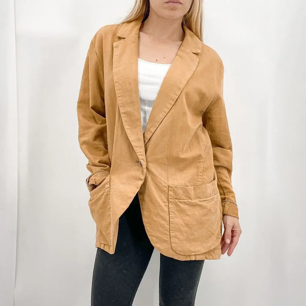 Free People Simply Perfect Tan Brown Linen Cotton Oversized Blazer Jacket Small
